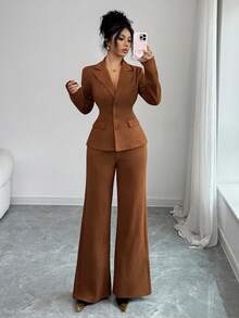 SHEIN Elenzya New Women's Suede Fabric Long Sleeve Fitted Blazer Style Paired With Elastic Waist Flared Leg Pants, Young & Elegant Office/Casual 2 Pieces Set - Brown - View 7