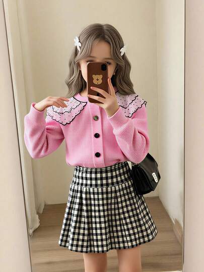 1 件女童粉色波尔卡圆点荷叶边开衫，长袖可爱学院风简约毛衣夹克，正面纽扣设计，方便穿着，面料柔软，时尚百搭，休闲，适合外出、上学、春秋冬