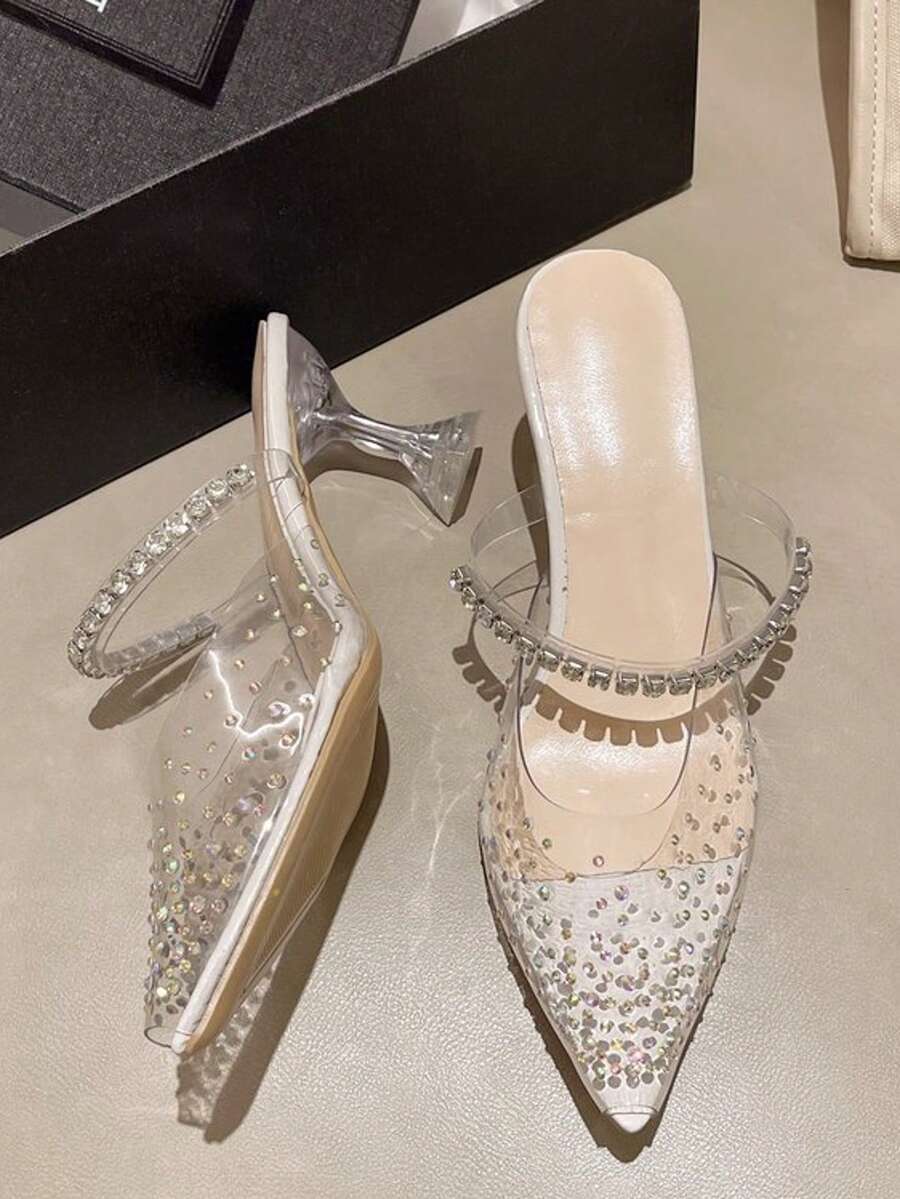 Moda de verano con taladros puntiagudos abrochados cuadrados tacones altos estilo hada transparente con zapatillas de talón fino, Zapatos de tacón de mujer - Blanco - Ver 1