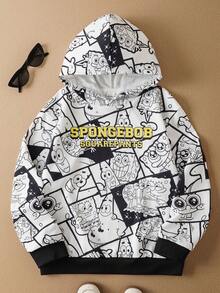 SpongeBob SquarePants | SHEIN Tween Boy Black & White Cartoon All-Over Print Loose Fit Drop Shoulder Sweatshirt, Autumn/Winter