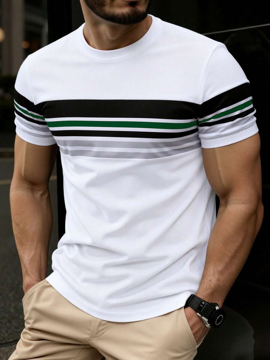 Manfinity Homme Áo thun nam cổ tròn tay ngắn in họa tiết màu tương phản - Nhiều màu - Xem 1