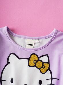 HELLO KITTY AND FRIENDS | SHEIN Young Girl Cartoon Heart Print Mesh Patchwork Cute Summer Holiday Princess Dress - Purple - View 3