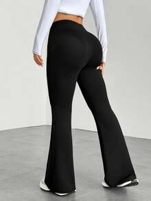 SHEIN PETITE Quần ống loe cạp cao đơn giản màu trơn thêu logo ngựa, màu trắng - màu đen - Xem 2