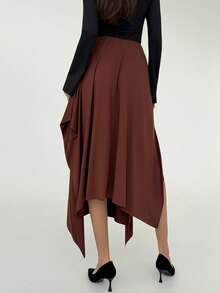 Aloruh Damska spódnica parasolka w kolorze kawy z brązowym, asymetrycznym dołem, z falbanką, jesienno-zimowa, elegancka spódnica maxi w stylu retro - Brązowy - Zobacz 3