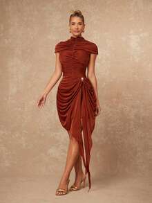 Lumalex Women's Rust Brown Autumn Elegant Night Out Mini Dress,Ruched-Waist Cape-Detail Asymmetric Drape-Tie Metal-Decor Sleeveless Formal Party Gown - Brown - View 2