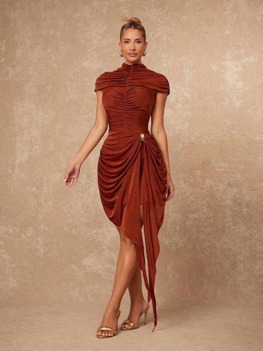 Lumalex Women's Rust Brown Autumn Elegant Night Out Mini Dress,Ruched-Waist Cape-Detail Asymmetric Drape-Tie Metal-Decor Sleeveless Formal Party Gown