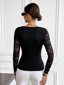 Serisse Women's Elegant Black V-Neck Contrast Lace Long Sleeve Slim Fit Blouse,Winter Ribbed Thermal T-Shirt,French Vintage See Through Top For Date,Casual - Black - View 2