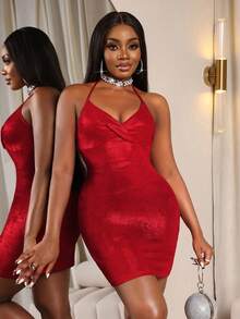 Xyvia 女士优雅黑色性感紧身迷你连衣裙，适合派对、圣诞节、新年等场合，无袖露背，收腰设计，四季皆宜 - 紅色 - 查看 8
