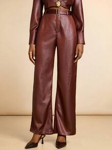Lyxana Pantalones de mujer con textura asimétrica de cinturón de piel sintética y decoración de anillo en D - Óxido marrón - Ver 3