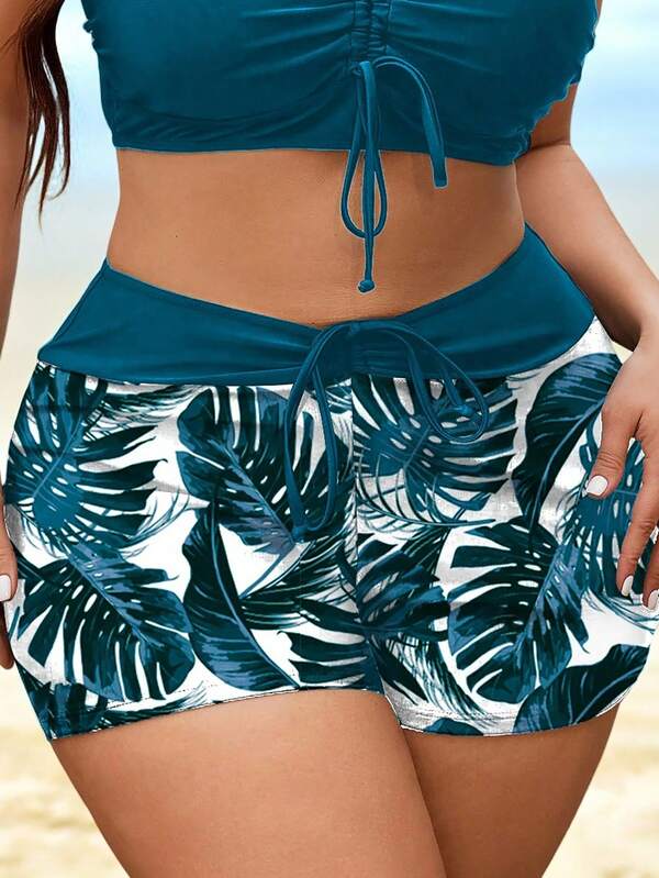 Swim Lushoire 大码纯色拼接树叶印花高腰抽绳泳裤，简约时尚沙滩度假泳装下装