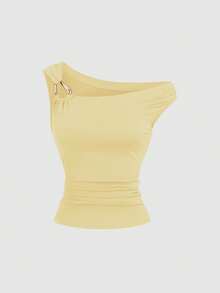 Sweetra 2pcs/Set Asymmetric Collar Fitted T-Shirt, Versatile Casual Top, Spring/Summer