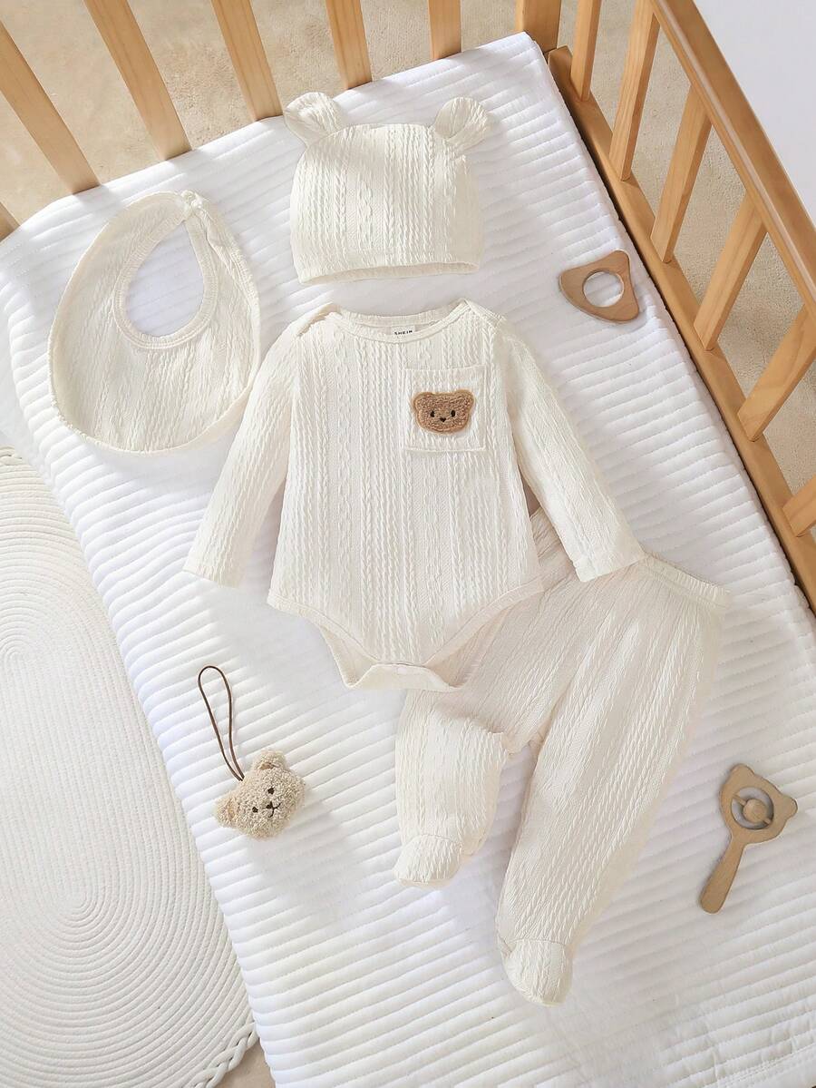 新生儿长袖连体衣、裤子、帽子和围兜四件套，可爱针织提花面料家居服
