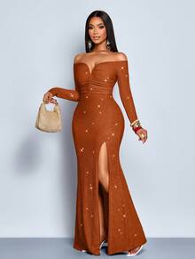 SOLERSUN Women's Fashionable Elegant V-Neck Off Shoulder Mermaid Hem Cocktail Party Night Club Bodycon Sexy Dress, Suitable For Christmas Party Vacation & Dating - Rust Brown - View 1