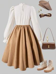 Sparklyn 少女荷叶边领泡泡袖缎带蝴蝶结拼接下摆A字连衣裙 - 杏色 - 查看 2