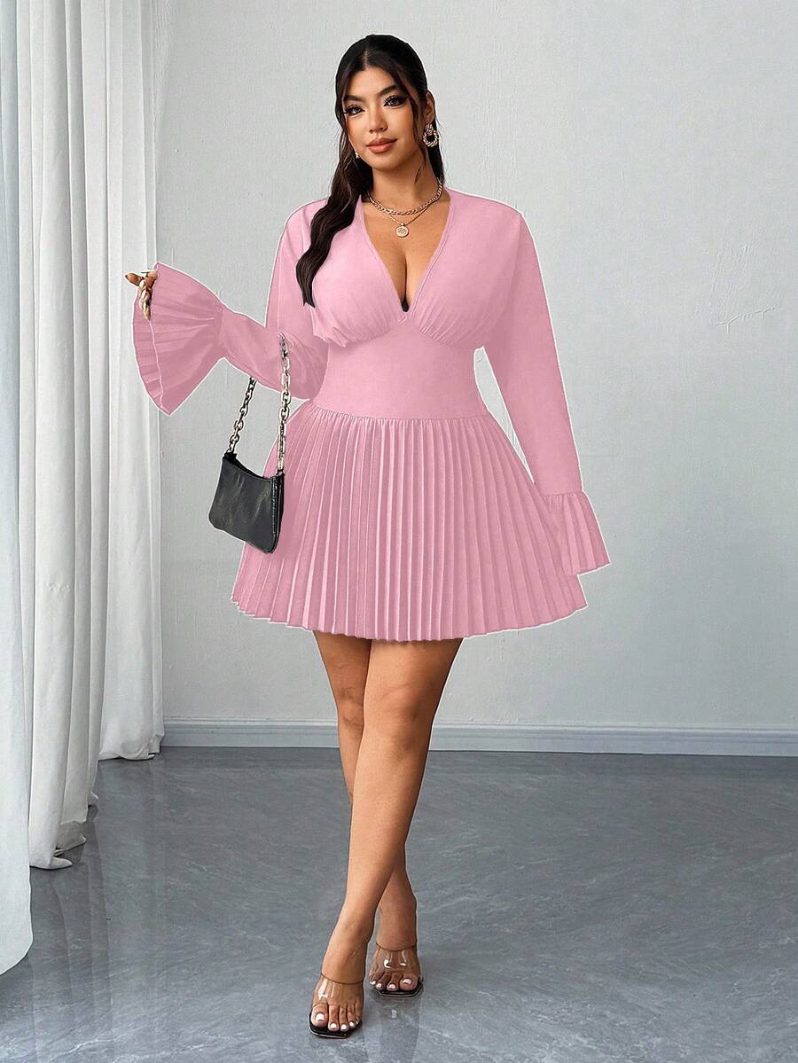 Elenzga 大码女式纯色深V领喇叭袖褶裥下摆性感连衣裙 - 粉色 - 查看 1