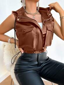 Chaqueta/Cazadora De Motociclista De Cuero PU Sin Mangas Con Capucha Y Cremallera Para Mujer - Marrón - Ver 4