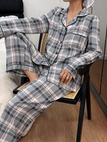 格子印花翻领开衫女士长袖睡衣套装 - 彩色 - 查看 3