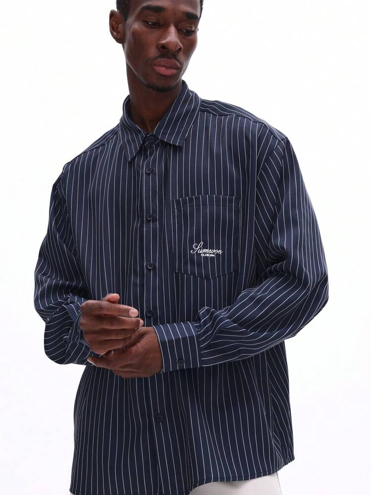 Navy Pinstripe Button Down Shirt With Chest Pocket