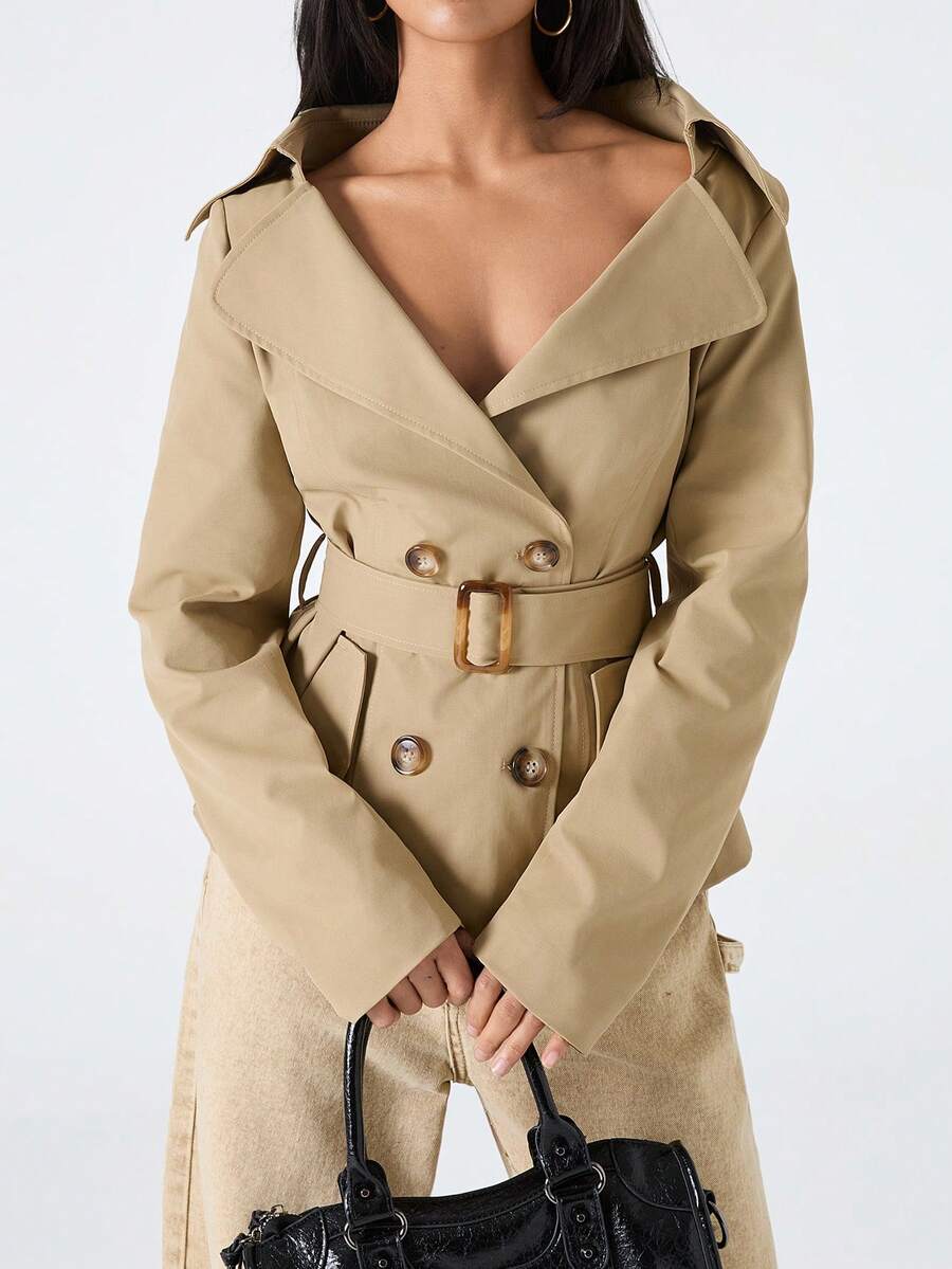 LYSMO Áo khoác trench coat hai hàng khuy có thắt lưng thời trang dành cho nữ - Màu Khaki - Xem 1
