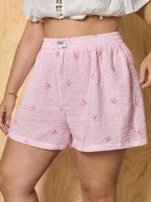 SHEIN MOD 大码女式条纹蝴蝶结印花高腰休闲短裤、沙滩短裤、粉色短裤、夏季短裤、夏季下装、舒适短裤平角短裤女式夏季短裤 - 粉色 - 查看 5