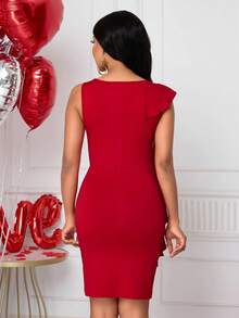 SHEIN Lunessa Vestido corto elegante con volantes en el dobladillo y mangas con volantes para mujer, Día de San Valentín - Rojo - Ver 2