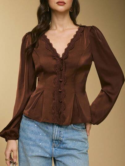 Poéselle Blusa elegante de mujer de unicolor con contraste de encaje, cuello en V y manga farol de un solo botonadura