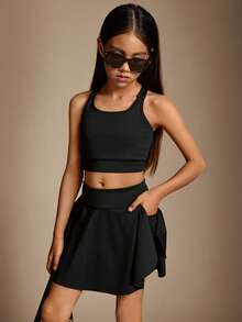 Radiana Tween Girl's Casual Tennis Knitted Solid Color Tank & Skort Set, Spring/Summer - Black - View 5