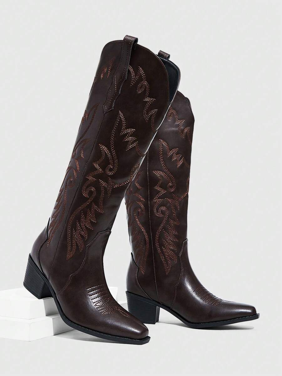 Daringsoles 方头低跟西部刺绣套穿式冬季保暖性感派对女士中筒靴，棕色PU皮革 - 咖啡棕 - 查看 1