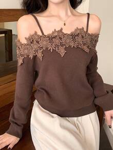 DAZY Women's Solid Color Embroidered Applique Long Sleeve Sweater - Brown - View 3