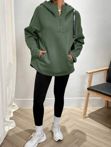 EMERY ROSE Women's Casual Mint Green Hooded Long Sleeve Sweatshirt With Half Placket Zipper And Drop Shoulder Design - Mint Green - View 4