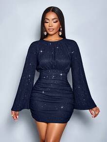 SOLERSUN 女士优雅长袖褶皱下摆闪亮紧身性感迷你连衣裙，适合圣诞派对、度假、约会和情人节约会 - 藏蓝色 - 查看 7