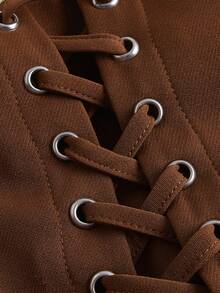 SHEIN MOD 泡泡袖前打結胸部褶皺連衣裙 - 杏色 - 查看 4