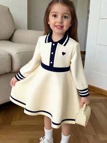 Genkimix Kids 1pc Girls' Casual Collared Embroidered Colorblock Knit Dress - White - View 3