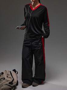 Dewbera 休闲撞色长袖运动T恤，秋季 - 黑色 - 查看 7