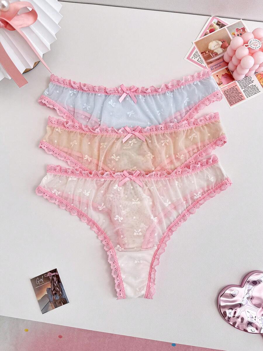 3-Pack Cute Jacquard Mesh Lace Trim Thong Panties - Multicolor - View 1