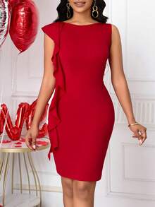 SHEIN Lunessa Vestido corto elegante con volantes en el dobladillo y mangas con volantes para mujer, Día de San Valentín - Rojo - Ver 5