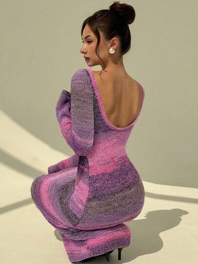 Aloruh Women's New Autumn/Winter Versatile Vintage Striped Knit Bodycon Dress, Sexy Open Back Long Sleeve Fitted Long Knit Dress