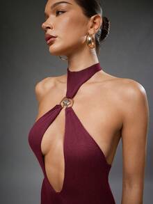 Hauture Sexy Summer Party Knitted Slinky Gemstone Embellishment Cut Out Halter Maxi Dress - Burgundy - View 2