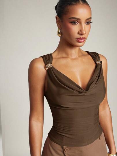 Hauture Women's Basic Casual Office Ruched Shoulder With Gold Decor Cowl Neck Top