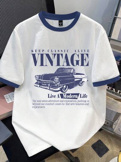 Manfinity Joysei 男士标准尺码藏蓝色和白色撞色印花圆领T恤