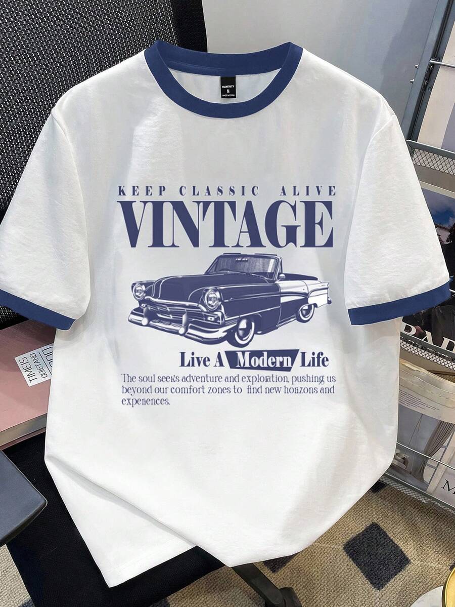 Manfinity Joysei Standard Size Men's Navy Blue & White Contrast Print Round Neck T-Shirt - White - View 1