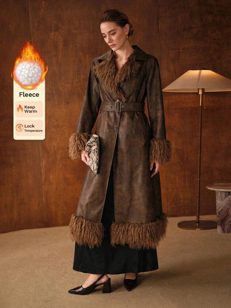 WOMEN'S FASHIONABLE COFFEE-COLORED LONG SLEEVE FAUX FUR COLLAR COAT