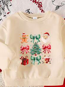 Conjunto de 2 piezas de sudadera con estampado de Papá Noel, hombre de jengibre, árbol de Navidad y lazo, y pantalones acampanados rojos para niñas, conjunto casual de vacaciones para otoño/invierno