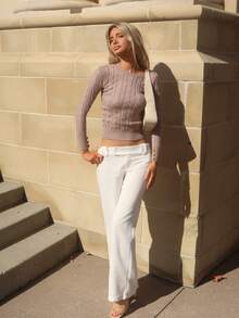 Sydney Algeri Suéter feminino simples, elegante, casual, estilo universitário, versátil, gola redonda, malha com cabo, justo - Damasco - Ver 3