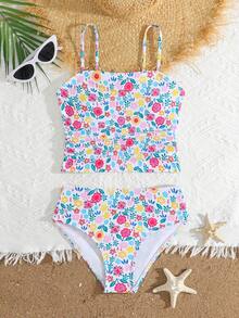 少女两件套比基尼泳衣，可爱针织向日葵多色印花，时尚保守泳装，适合海滩、游泳、度假、夏季穿着 - 彩色 - 查看 6