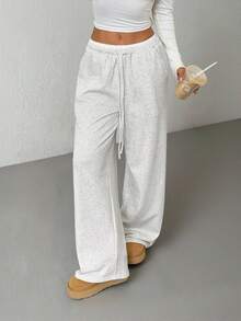 SHEIN PETITE Contrast Color Waistband Drawstring Pockets Casual Wide Leg Baggy Sweatpants,Fall,Fall Clothes For Women,Winter Clothes For Women - Grey - View 5