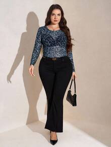 SHEIN LUNE 大码女式休闲豹纹修身长袖上衣 - 藍色 - 查看 6