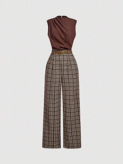 SHEIN MOD Women's Fashion Commuter Plaid Patchwork Sleeveless Jumpsuit