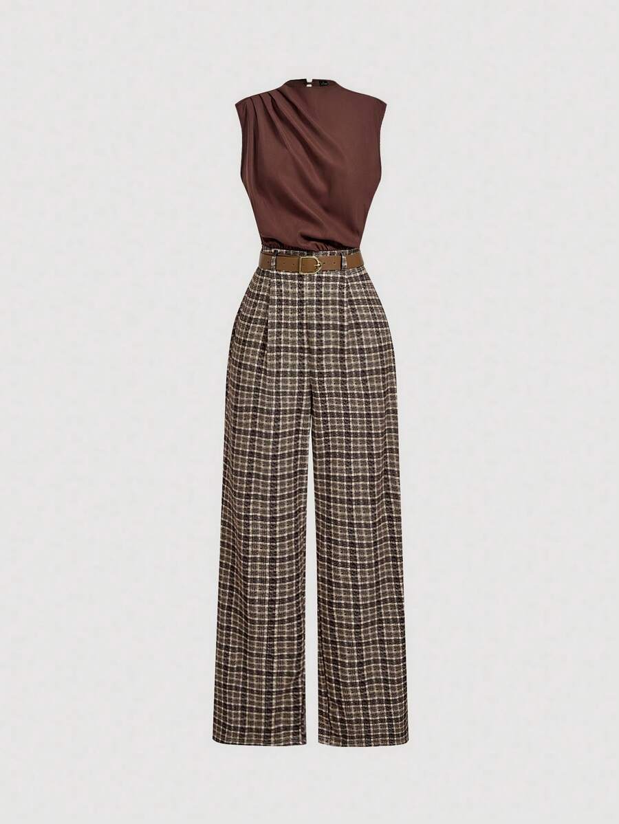 SHEIN MOD Women's Fashion Commuter Plaid Patchwork Sleeveless Jumpsuit - Brown - View 1