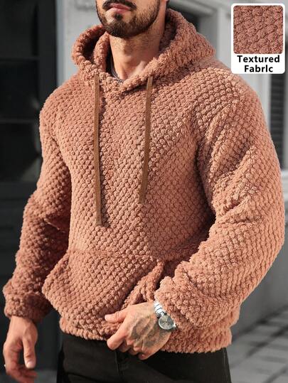 Manfinity CasualCool Men's Checkered Solid Color Fuzzy Fleece Hooded Long Sleeve Sweatshirt, Suitable For Autumn/Winter Wear, Men's Casual Outings, Daily Office, Lazy Comfortable Home, Friend Dates, Dinners And Gatherings, Simple Versatile Style, Suitable For Self-Wear Or Gift To Friends Earthy Knit Wear